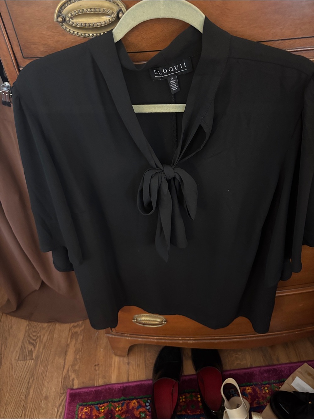 Eloquii Black Tie-Neck Blouse with Short Flutter Sleeves